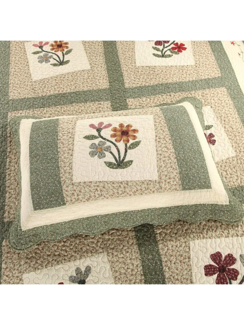 Farmhouse Green 3-Piece Quilted Bedspread Set, 100% Cotton Floral Coverlet